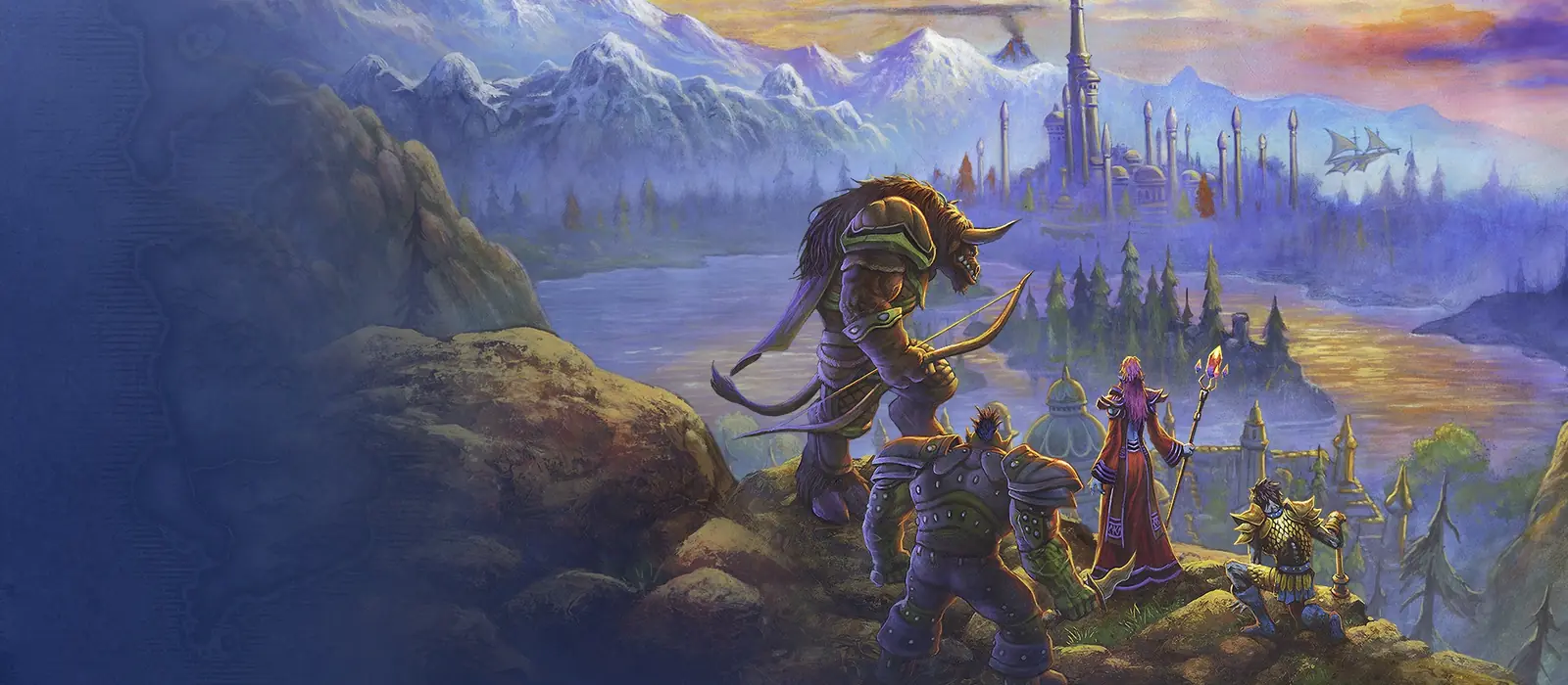 World of Warcraft: Forever key art of adventurers looking out over a city and mountains
