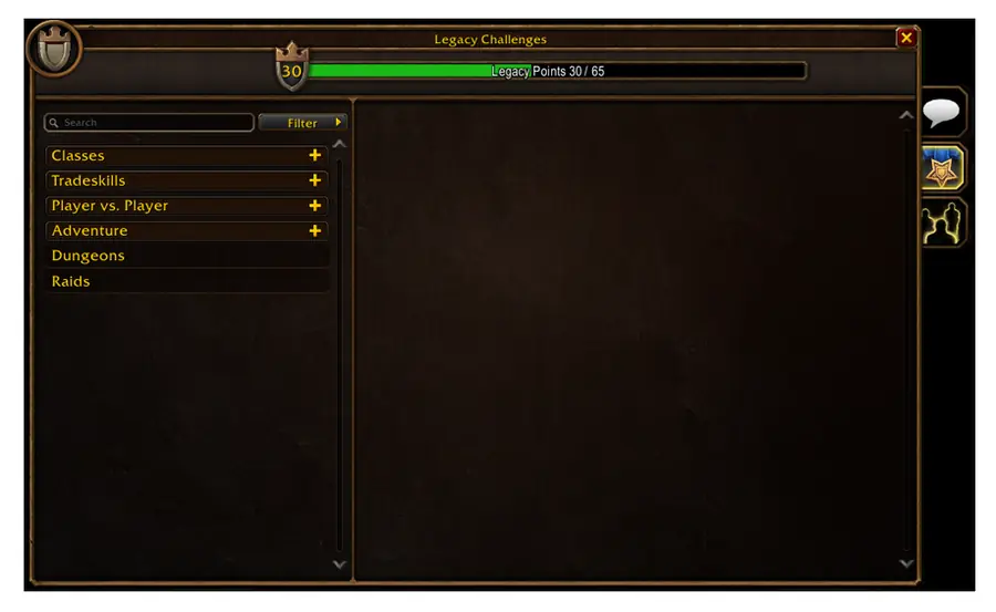 The Legacy Challenges window listing Classes, Tradeskills, Player vs. Player, Adventure, Dungeons and Raids