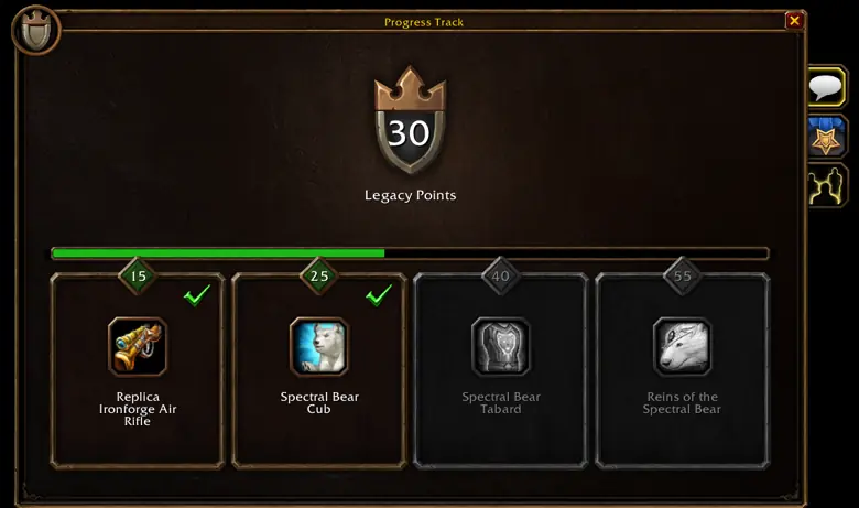 The Legacy Progress Track window showing rewards at 15, 25, 40 and 55 points