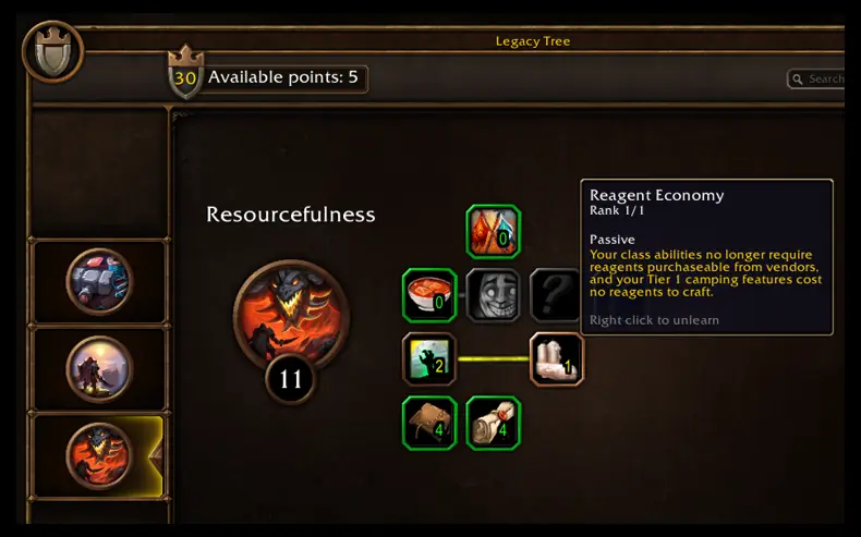The Legacy perk tree window with the Resourcefulness tree open