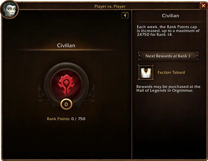 The WoW Forever Player vs. Player rank window