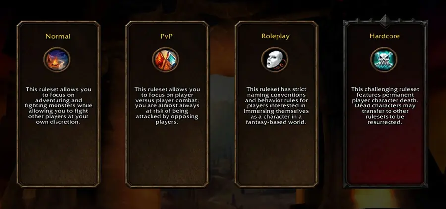 WoW Forever ruleset selection screen with Normal, PvP, Roleplay and Hardcore