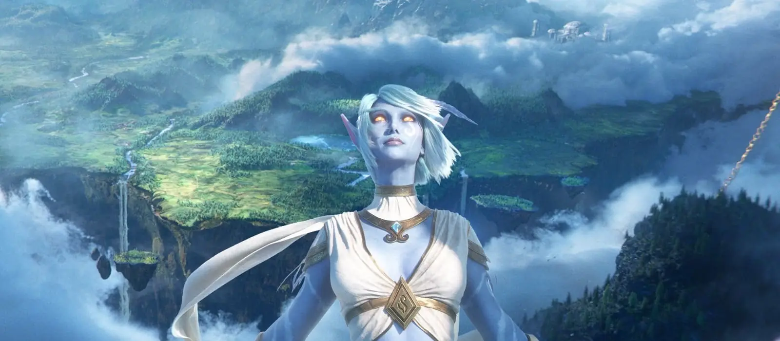 A Skyborne woman standing above the clouds of Zephras Isle