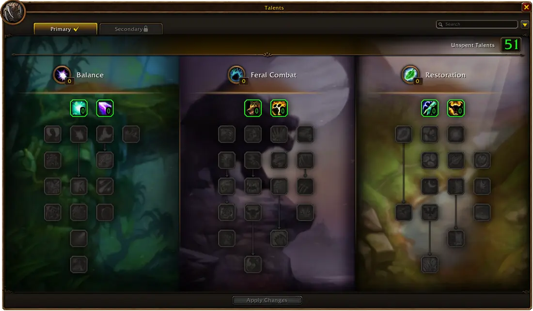 WoW Forever Druid talent window showing the Balance, Feral Combat and Restoration trees