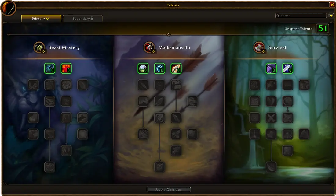 WoW Forever Hunter talent window showing the Beast Mastery, Marksmanship and Survival trees