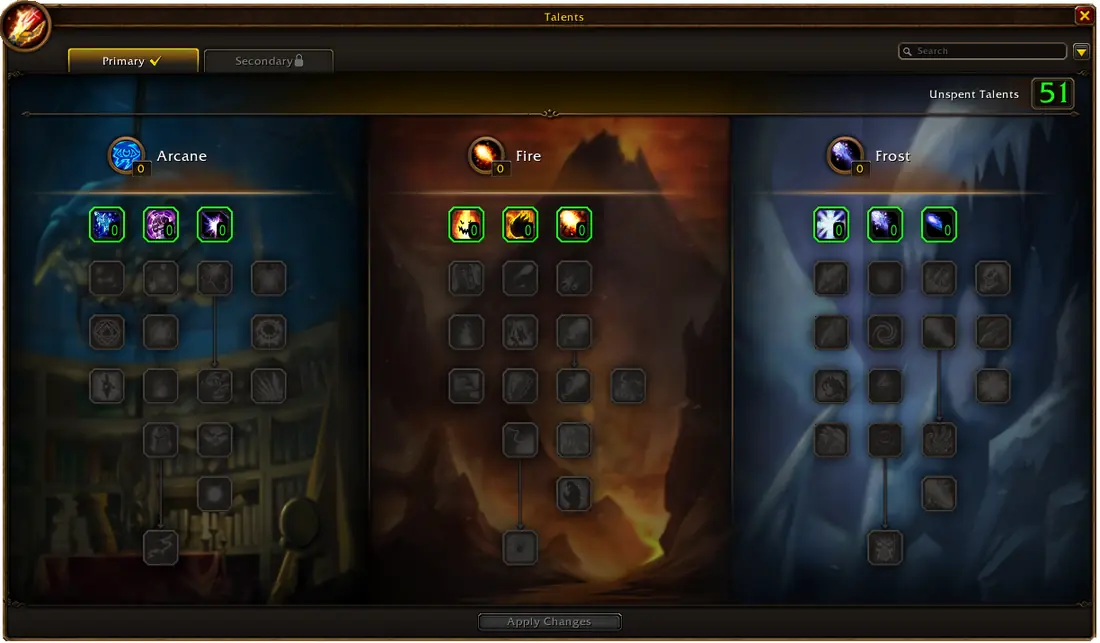 WoW Forever Mage talent window showing the Arcane, Fire and Frost trees