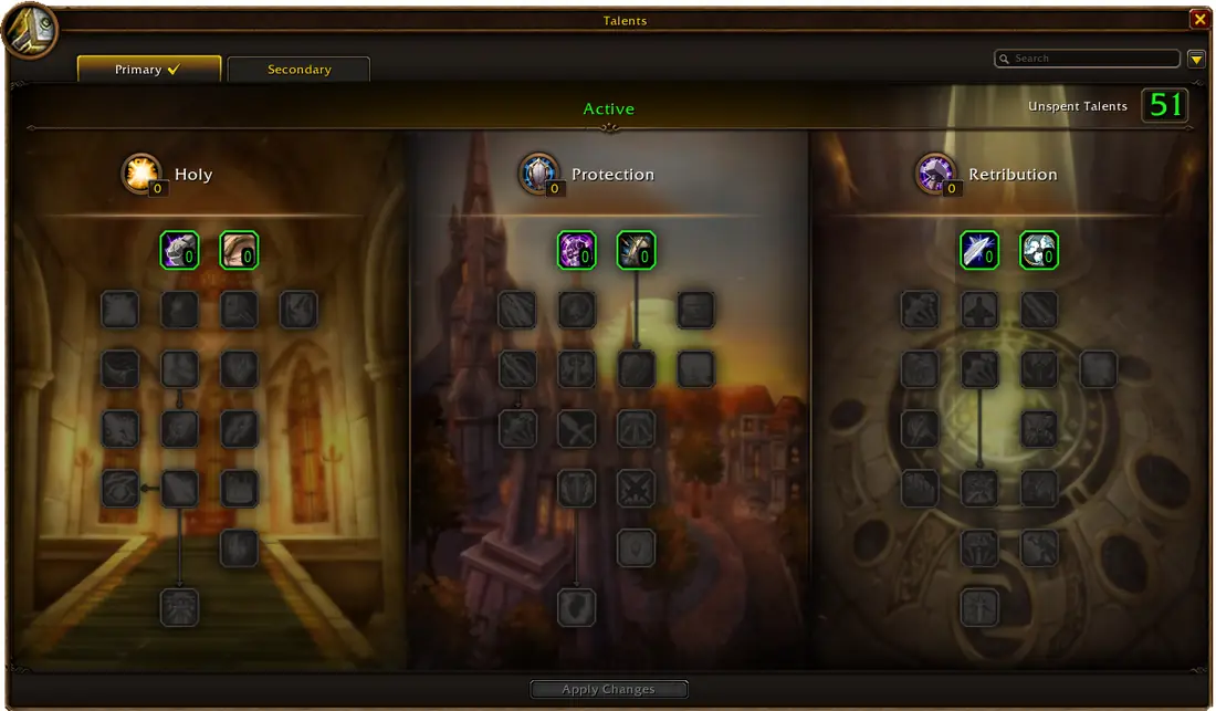 WoW Forever Paladin talent window showing the Holy, Protection and Retribution trees