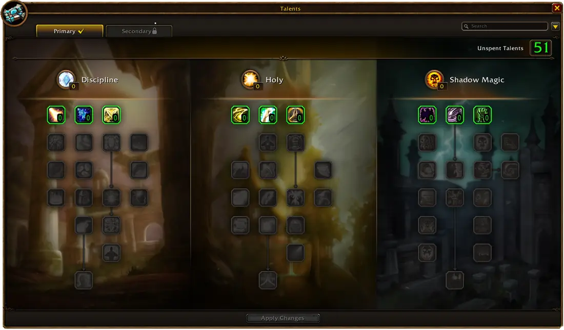 WoW Forever Priest talent window showing the Discipline, Holy and Shadow trees