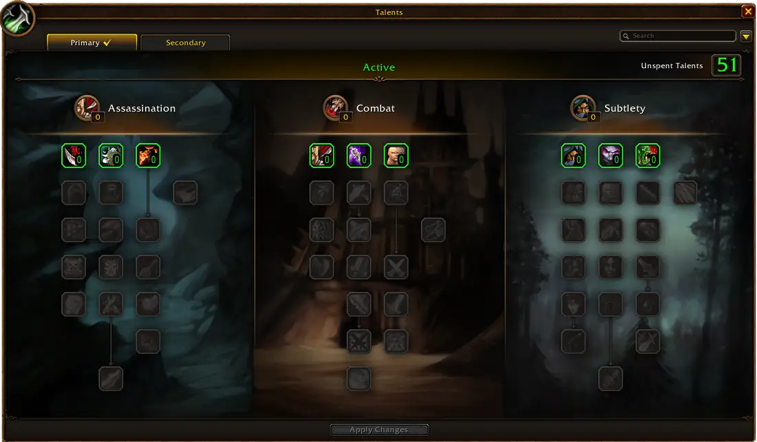 WoW Forever Rogue talent window showing the Assassination, Combat and Subtlety trees