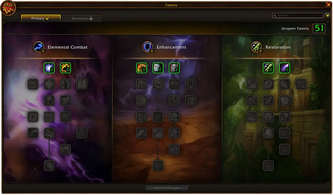 WoW Forever Shaman talent window showing the Elemental Combat, Enhancement and Restoration trees