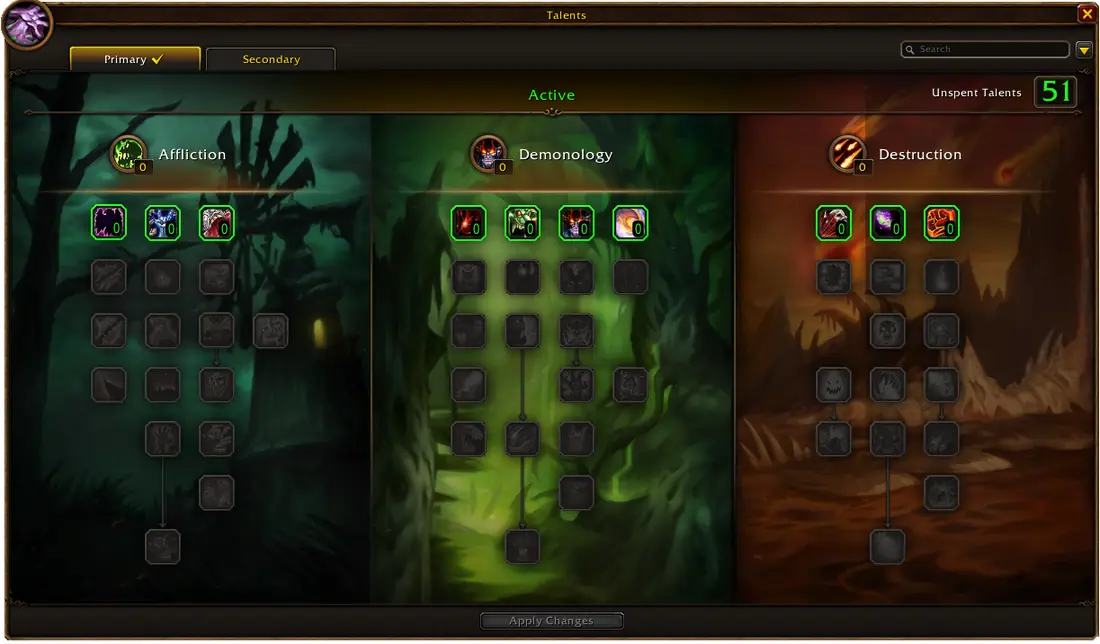 WoW Forever Warlock talent window showing the Affliction, Demonology and Destruction trees