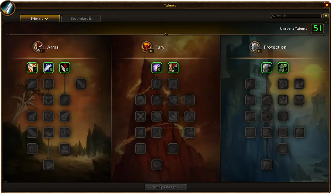 WoW Forever Warrior talent window showing the Arms, Fury and Protection trees